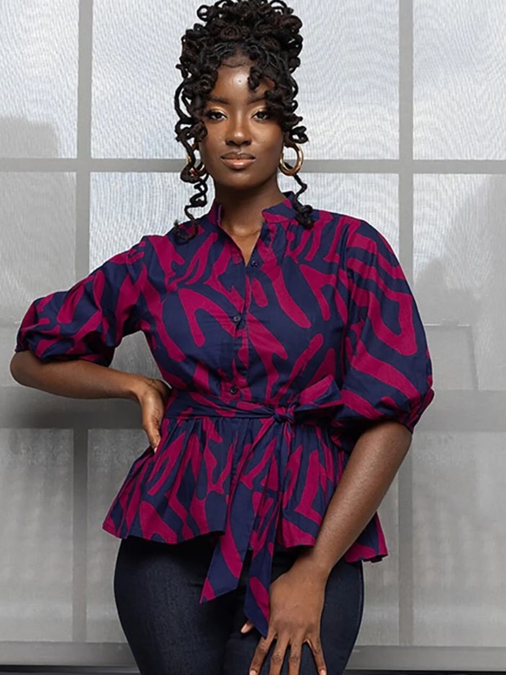 Stylish Navy and Magenta Zebra-Print Peplum Button-Up Top - Size 1X